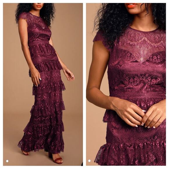 Lulus Romantic Daydreamer Burgundy Lace Tiered Maxi Dress - Picture 2 of 5